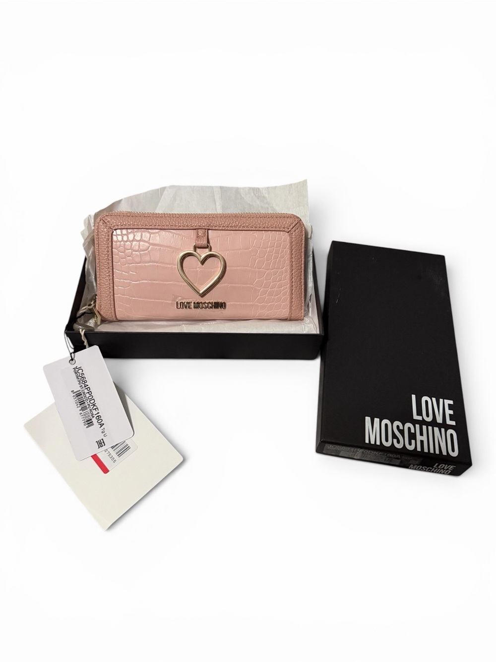 Love Moschino Blush Croc-Embossed Heart Zip Wallet